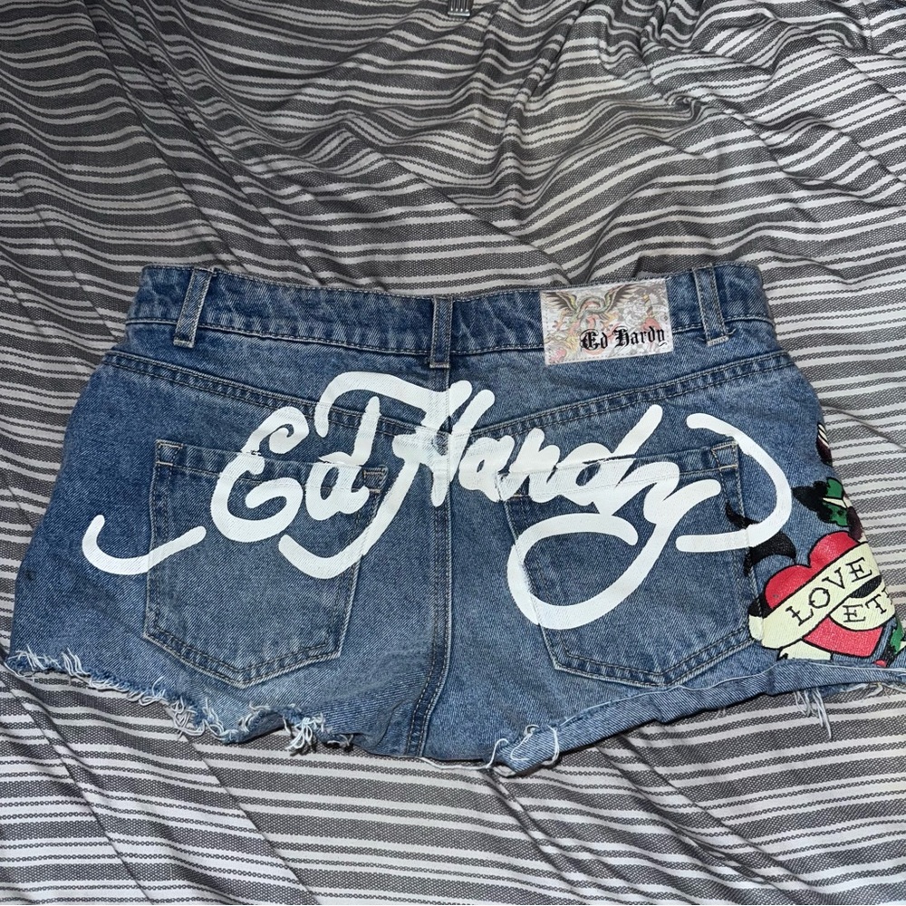 Ed Hardy Distressed Blue Jean Shorts